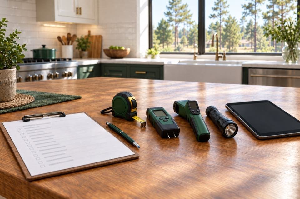 A checklist on a clipboard with a tape measure, a moisture meter, a thermometer, a flashlight and a tablet laid out on a kitchen table