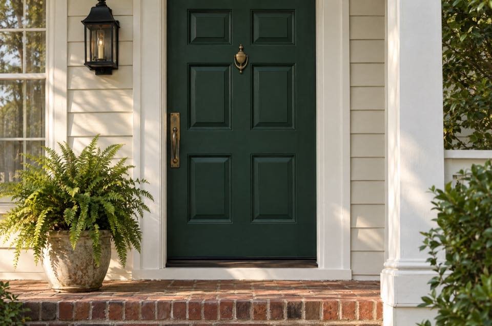 A pine-green front door with brass hardware on a brick porch