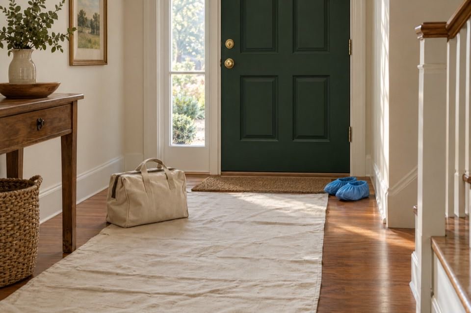 An entry hall with a drop cloth laid over the floor and shoe covers by the door