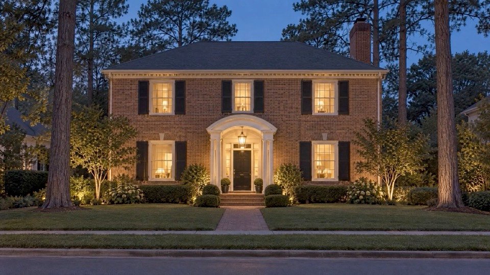 A still from the introductory film: a brick house at dusk, its windows lit