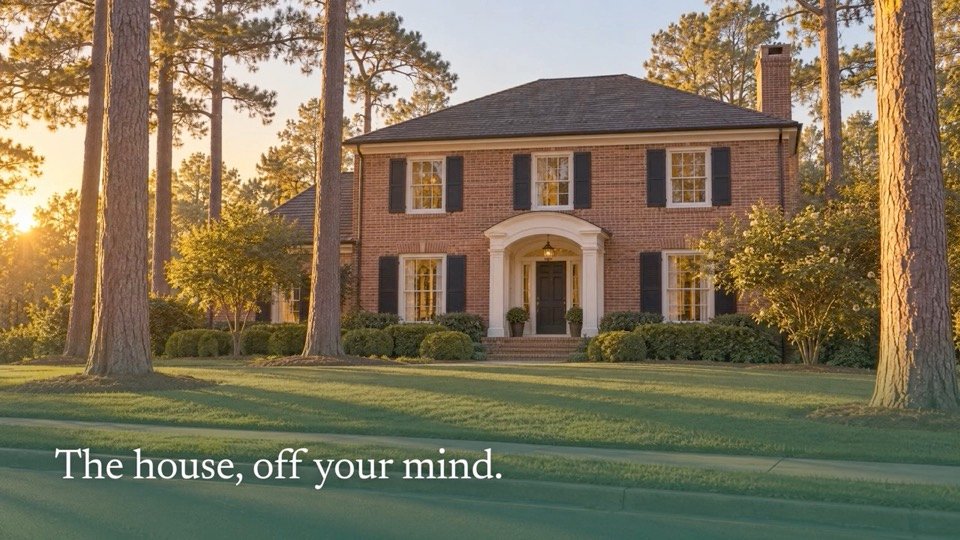 A still from the introductory film: a brick house under tall pines