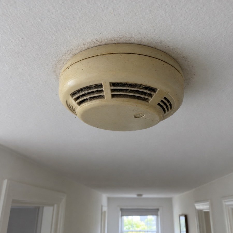 A yellowed battery smoke alarm on a hallway ceiling, dust in the vents