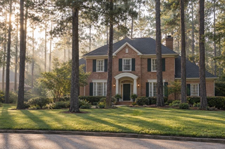 A brick two-story house under tall pines in early morning light