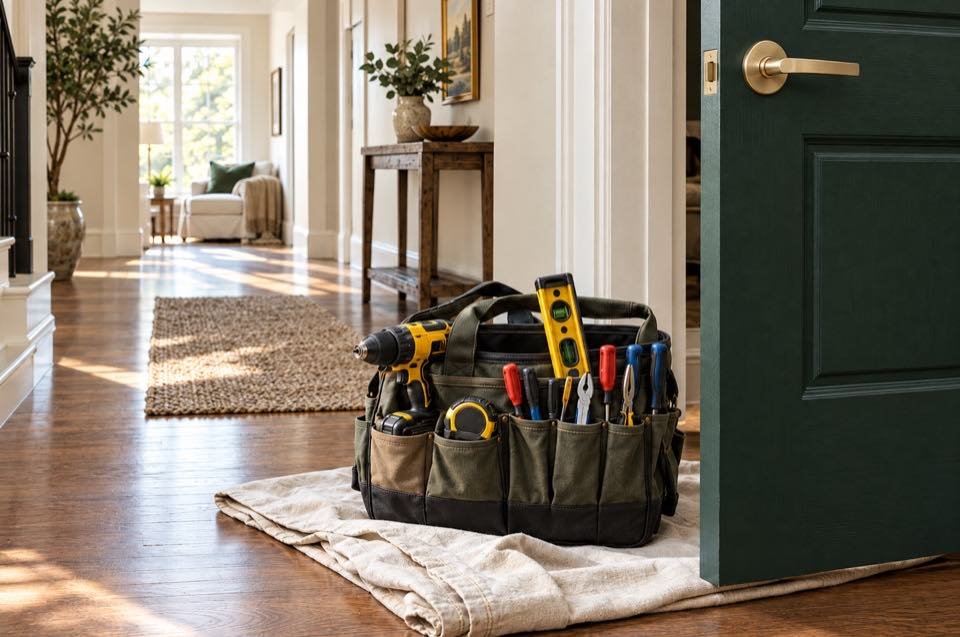 A canvas tool bag with a cordless drill and a level on a drop cloth, beside a pine-green door with a brass handle