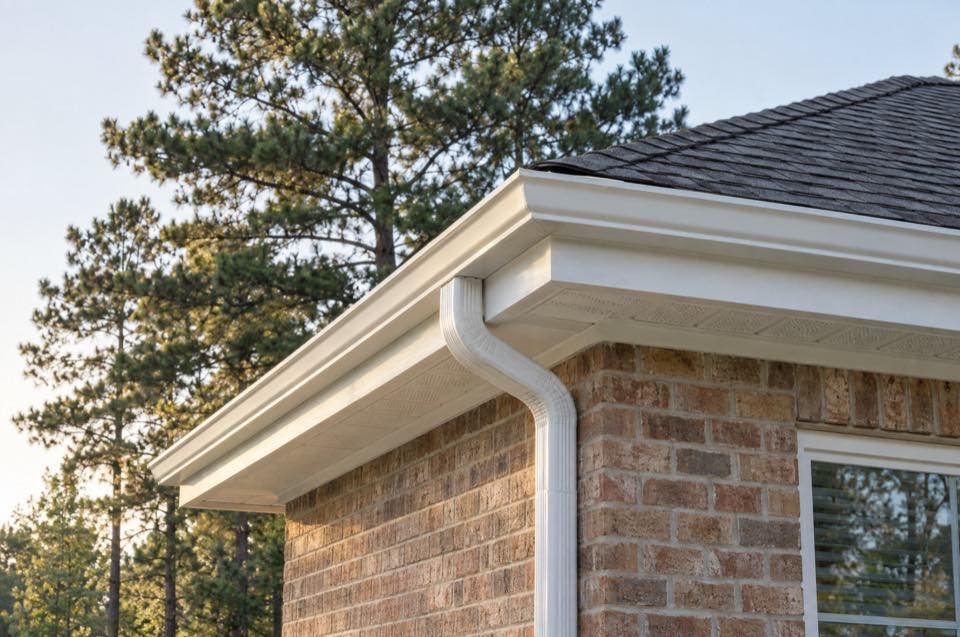 White gutters and a downspout at the corner of a brick house, with pines behind