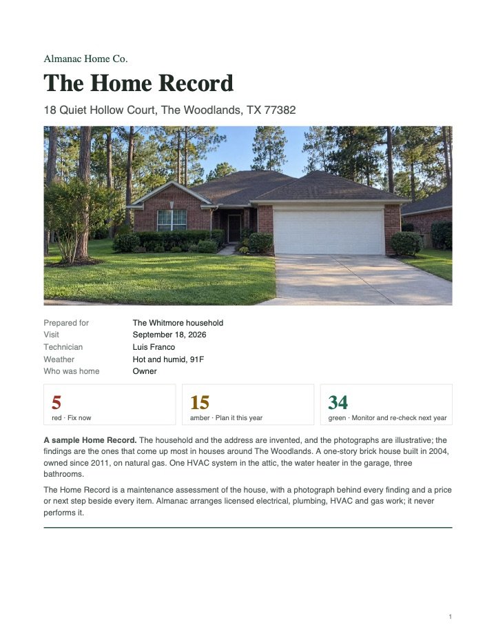 The cover of the sample Home Record: the house, the address and the count of findings