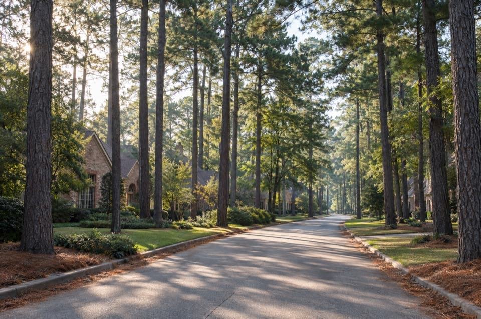 A quiet street lined with tall pines in early morning light