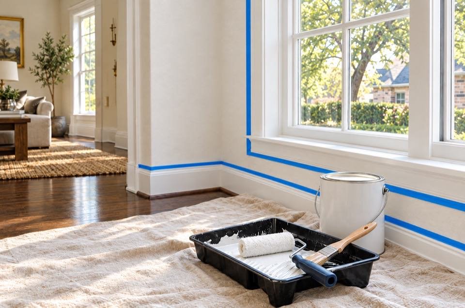 White window trim edged with painter's tape, a paint tray and roller on a drop cloth that covers the floor